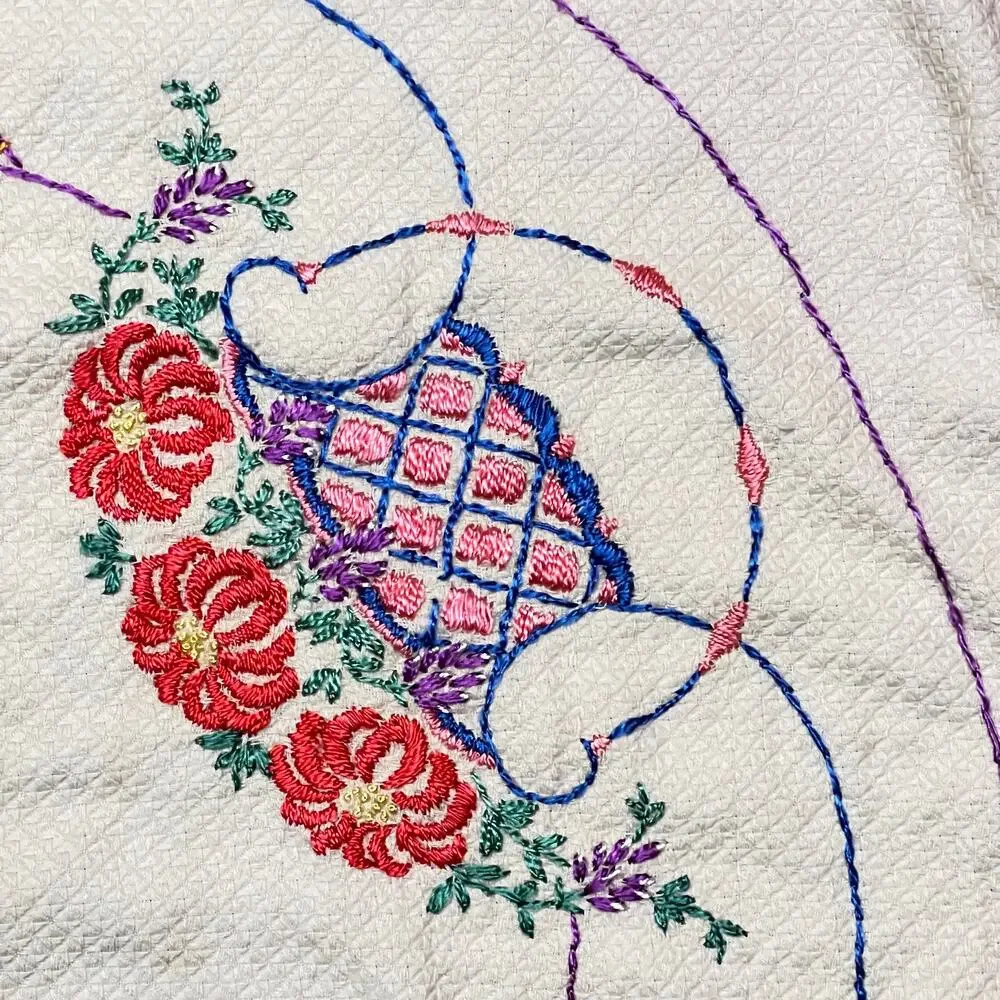 Vintage 30s Embroidered Tablecloth Baskets of Flowers Multicolor 32 inch Square
